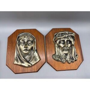 Vintage Jesus and Mary Wood Metal Wall Plaque Set Religious 3D Bust Mid Century